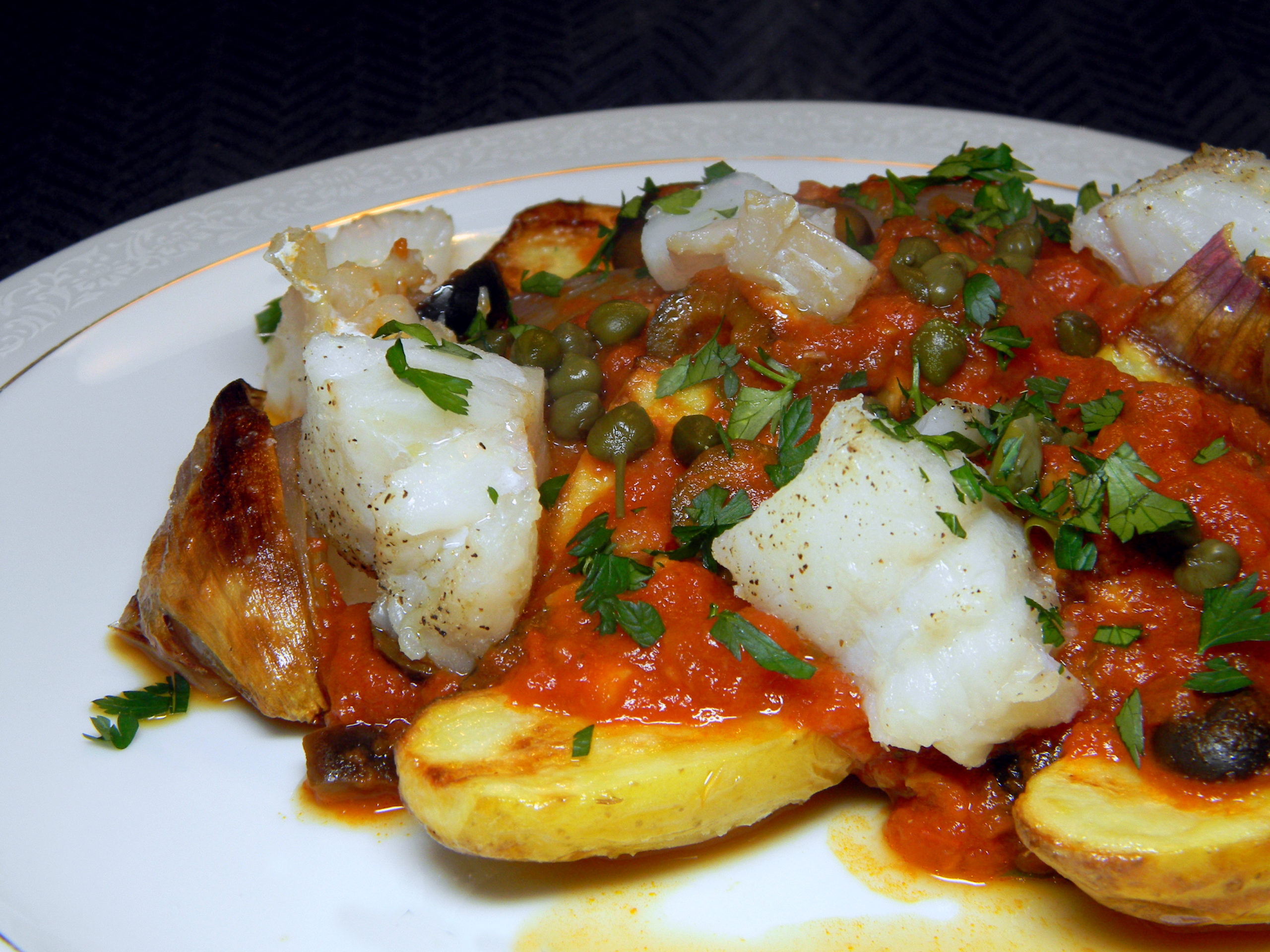 Roasted Potatoes and Haddock Puttanesca