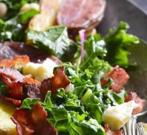 Kale Salad with Roasted Fingerling Potatoes, White Beans and Warm Bacon Dressing