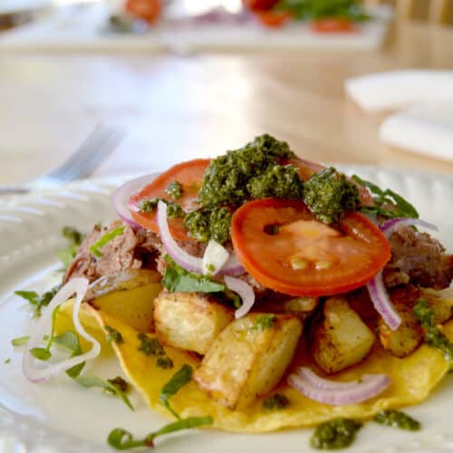 Grilled Steak and Potato Tostadas with Chimichurri Sauce