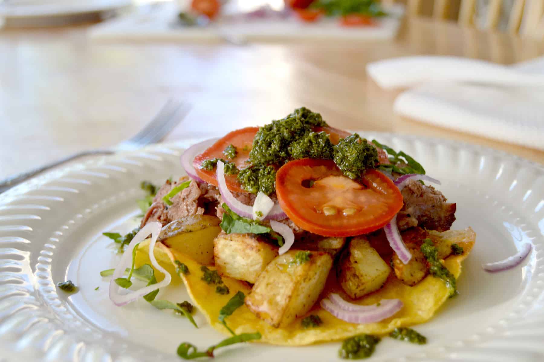 Grilled Steak and Potato Tostadas with Chimichurri Sauce