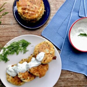 Garlicky Mashed Potato Cakes with Parmesan and Dill Crema