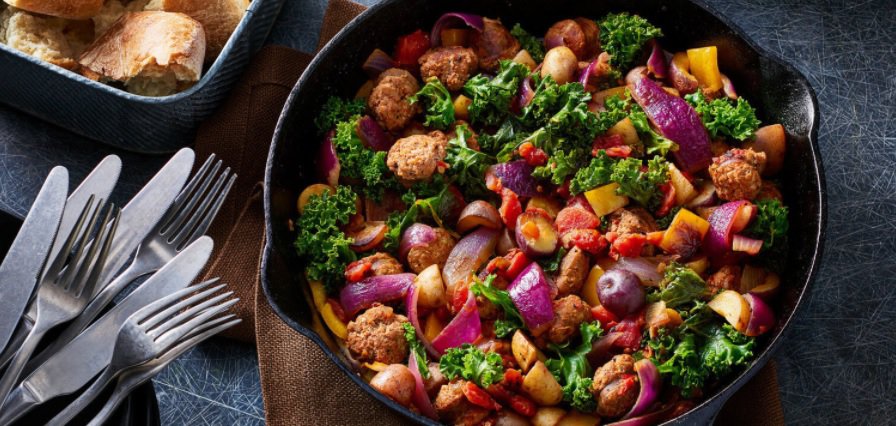 Terrific Trio Potatoes with Sausage, Kale, and Peppers