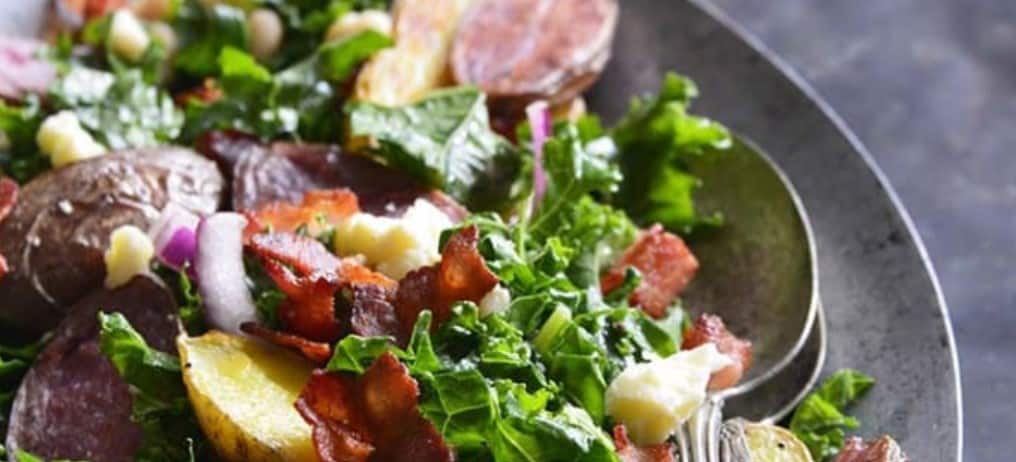 Kale Salad with Roasted Fingerling Potatoes White Beans and Warm Bacon Dressing