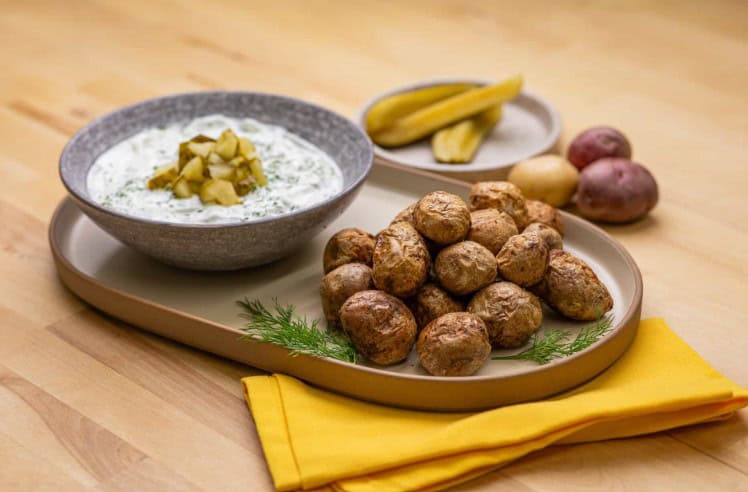 ranch potato poppers with dill pickle dip