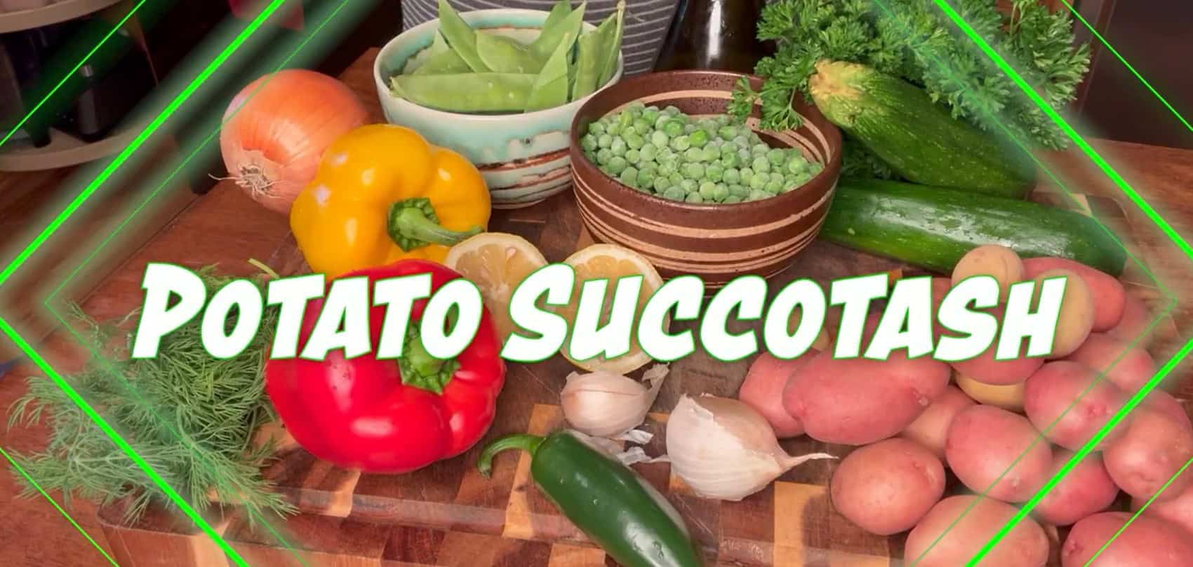 Potato Succotash thumbnail showing vegetable ingredients needed to make the dish