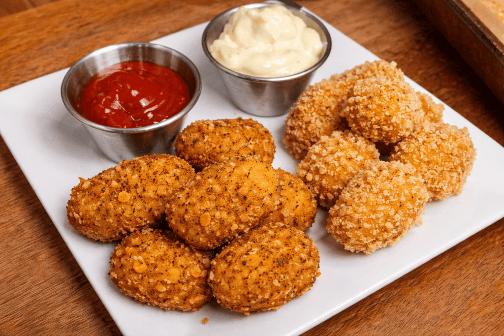 Potato Nugget bites with a crispy outside with ketchup and mayo dipping sauce