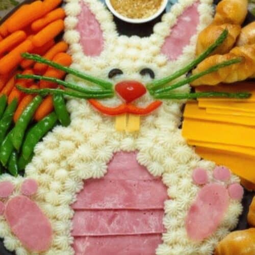 Bunny Mashed Potato Board with vegetables and snacks in the shape of an easter bunny