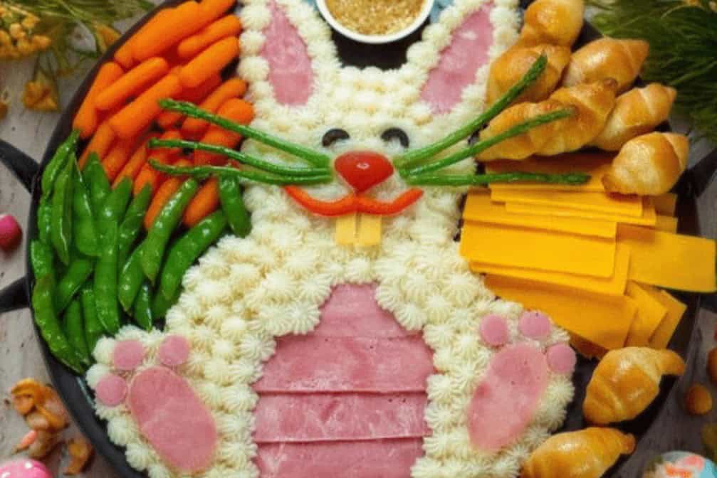 Bunny Mashed Potato Board Bunny Mashed Potato Board with vegetables and snacks in the shape of an easter bunny